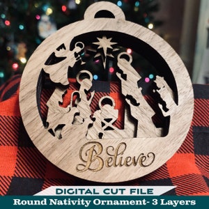 Round Nativity Ornament 3 Layer SVG - Easily Customizable Glowforge Laser Cut File - Gift for Family, Clients, Neighbors, Business