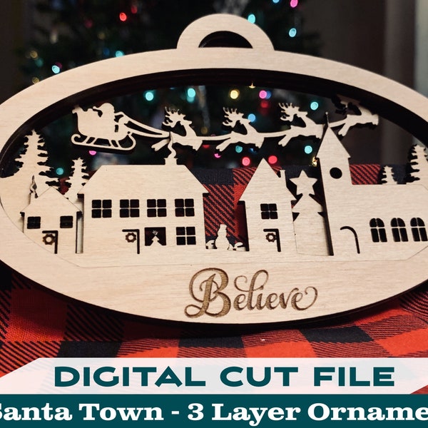 Santa Town 3 Layer Ornament SVG - Easily Customizable Glowforge Laser Cut File - Gift for Family, Clients, Neighbors, Business