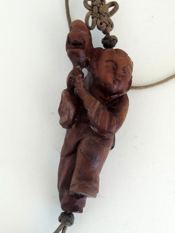 I'M HOI - Hand Carved Wooden Chinese Boy on Woven… - image 3