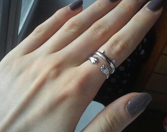 Dainty Cat Ears Ring + FREE Paw Ring - Cat Lovers - Adjustable - Pink/Black - 925 Sterling Silver #ST03