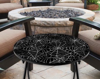 Halloween Outdoor Side Table, Small Black Iron Round Table with Spiderwebs Tabletop Image