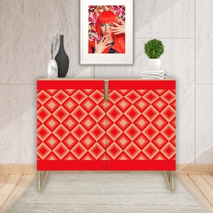 Red Geometric Wooden Storage Cabinet, Modern Sideboard, Mid Century Modern Buffet, Entryway Storage Credenza, Home Bar Liquor Cabinet