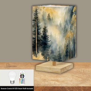 Lámpara de mesa cuadrada pequeña Mountain Forest Art, bombilla LED inteligente con control remoto de 16 colores, lámpara para mesita de noche, recibidor o estudio, iluminación de acento para el hogar de montaña