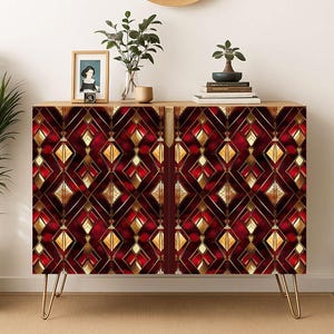 Geometric Wooden Storage Cabinet, Art Nouveau Accent Furniture, Entryway Storage Credenza, Home Bar Liquor Cabinet, Bold Statement Furniture