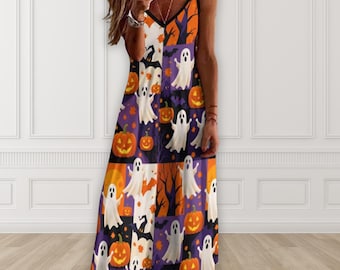 Halloween Maxi Dress, Abstract Spooky Ankle Length V-Neck Slip Dress