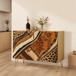 Safari Print Storage Cabinet, Wildlife Accent Furniture, Modern Animal Print Sideboard, Entryway Storage Credenza, Home Bar Liquor Cabinet