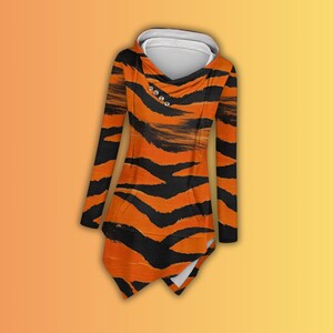 Tigger Inspired Women's Asymmetrical Hem Hoodie, Ladies Abstract Bengal Tiger Stripe Long Decorative Button Neck Hooded Sweatshirt