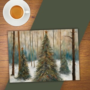 Christmas Table Runner Placemat Set Christmas Tree Forest Rustic Holiday Table Set- Runner & 6 Placemats, Winter Country Kitchen Accessories