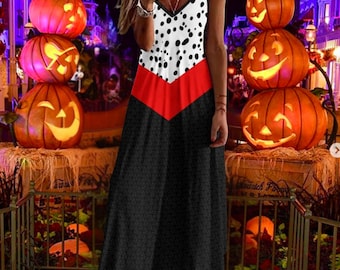 Dalmatian Inspired Women's Maxi Dress, Adult Villain Dress Up Gown, Dalmatian Spots Costume