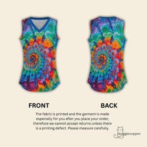 Camiseta sin mangas con cuello en V y estampado tie-dye, blusa sin mangas para mujer con estampado tie-dye. imagen 4
