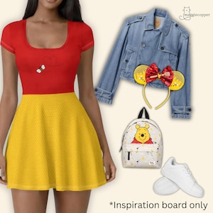 May include: A red and yellow dress with a bee graphic, a denim jacket, a Winnie the Pooh-themed headband and backpack, and white sneakers. The image is an inspiration board with the text "*Inspiration board only."