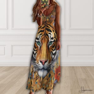 Jungle Tiger Maxi Dress Safari Tiger Long Sling Dress Ankle Length Sundress Unique Animal Print Dress Women's Summer Zoofari Dress