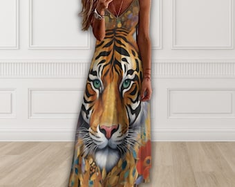 Vestido largo con estampado de tigre de jungla, vestido largo con tirantes de safari y tigre, vestido veraniego hasta los tobillos, vestido con estampado animal único, vestido de verano Zoofari para mujer.