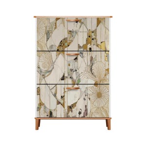 May include: A three-drawer chest with a white frame, light wood top, and legs. The drawer fronts feature a cream, gold, and gray floral design with wooden handles. The chest is a stylish storage solution for any room.