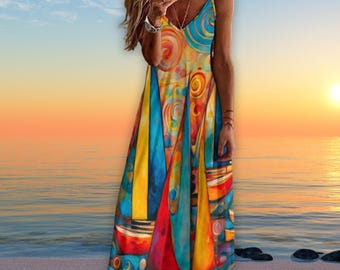 Vestido largo de verano con estampado de veleros, vestido informal hasta el tobillo, vestido lencero tropical para mujer.