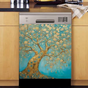 Flowering Tree Dishwasher Magnet Cover Turquoise  and Cream Kitchen Accessories Artistic Kitchen Décor Maximalist Magnetic Appliance Panel