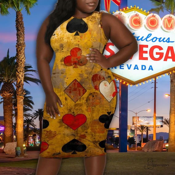 poker theme party dress Grunge Poker Plus Size Sleeveless Dress, Full Figure Dress, Casino Party Pullover Midi Dress with Card Suits, Las Vegas Atlantic City Dress