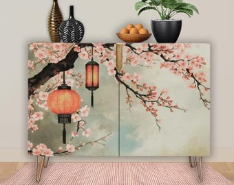 Cherry Blossoms Art Wooden Storage 2-Door Accent Cabinet, Modern Buffet Sideboard, Entryway Storage Credenza, Home Bar Liquor Cabinet