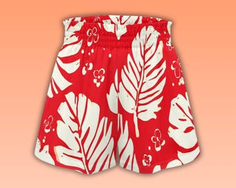 Red Tropical Print Ladies Loose Fit Pull-On Shorts with Pockets, Red Hawaiian Luau Lightweight Shorts