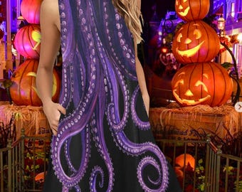 Vestido sin mangas de corte A con bolsillos y estampado abstracto de pulpo para mujer, vestido de disfraz de villana, pareo de bruja marina.