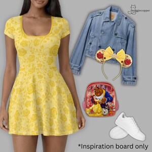 May include: A yellow dress with a rose pattern, a denim jacket, a headband with a yellow bow and red roses, a backpack with a Beauty and the Beast design, and white sneakers. The text "*Inspiration board only" is at the bottom.