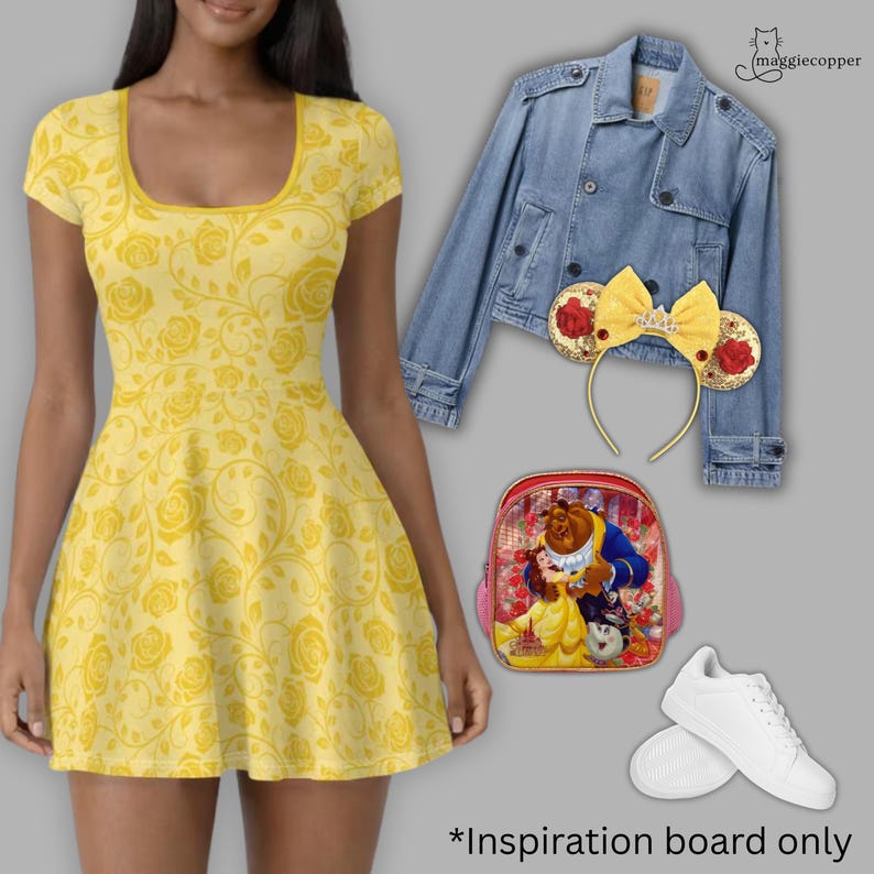 May include: A yellow dress with a rose pattern, a denim jacket, a headband with a yellow bow and red roses, a backpack with a Beauty and the Beast design, and white sneakers. The text "*Inspiration board only" is at the bottom.