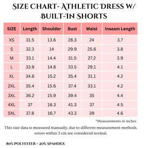 May include: Size chart for athletic dresses with built-in shorts. Measurements in inches are provided for sizes XS to 5XL, including length, shoulder, bust, waist, and inseam length. The fabric composition is 80% polyester and 20% spandex.