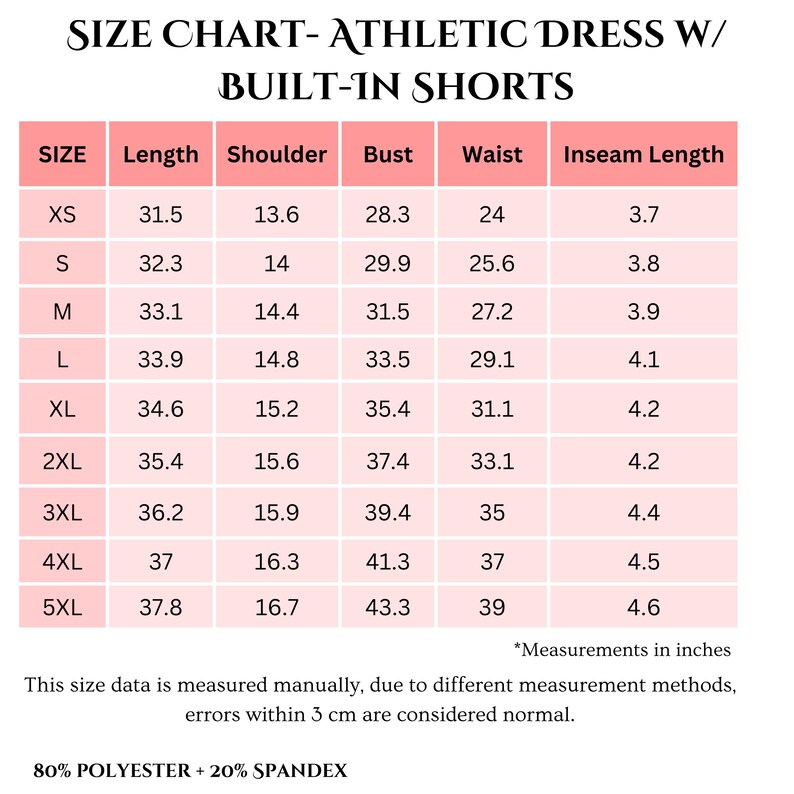 May include: Size chart for athletic dresses with built-in shorts. Measurements in inches are provided for sizes XS to 5XL, including length, shoulder, bust, waist, and inseam length. The fabric composition is 80% polyester and 20% spandex.