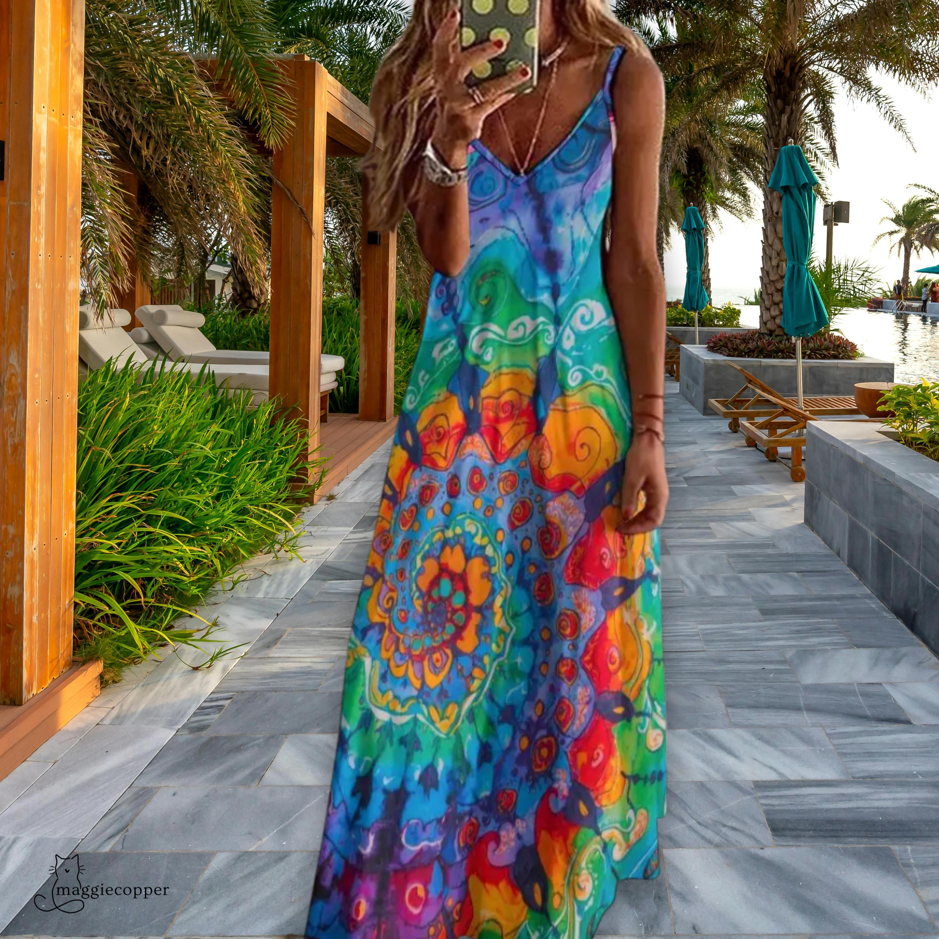 white christmas dresses Chic Boho Tie-dye Print V Neck Maxi Dress – ModeShe main image 1