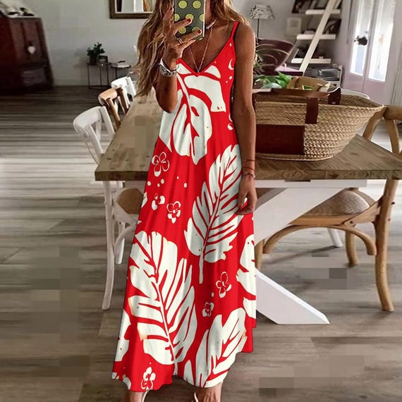 Red Tropical Print Women's Dress, Adult Summer Luau Dress, Hawaiian Islands  Look Ankle Length Sundress - Etsy