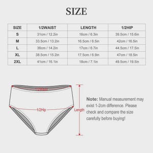 Puede incluir: Tabla de tallas de ropa interior, que muestra las medidas en cent&iacute;metros y pulgadas. Incluye medidas de cintura, largo y cadera para las tallas S a 2XL. Un diagrama ilustra los puntos de medici&oacute;n.