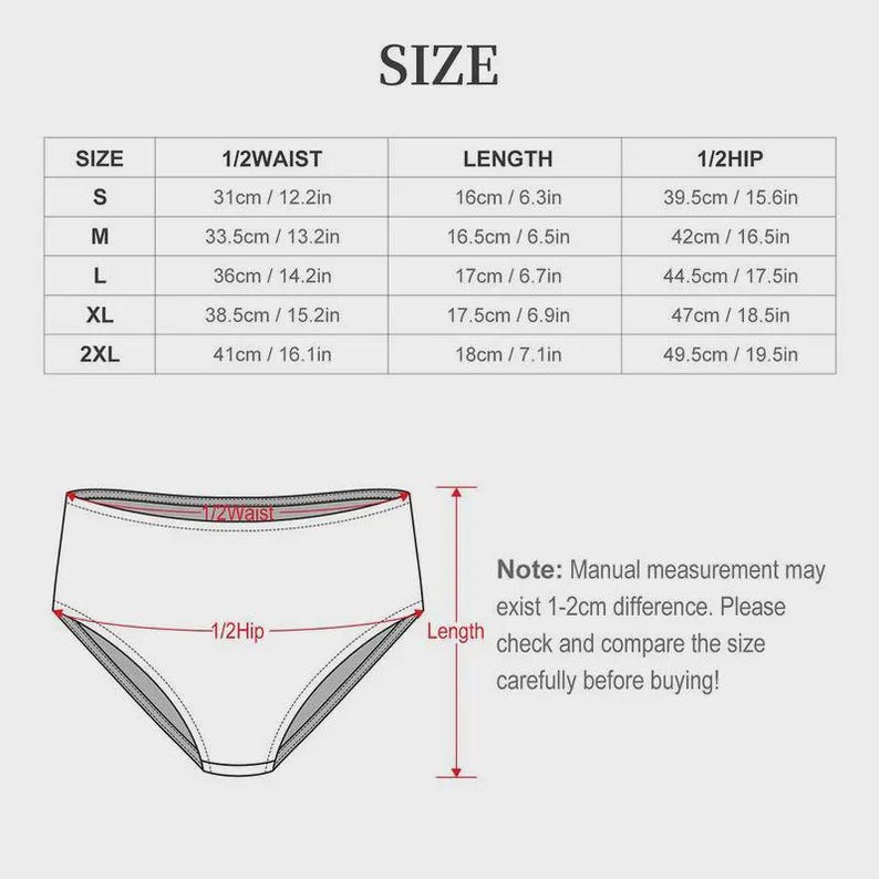 Puede incluir: Tabla de tallas de ropa interior, que muestra las medidas en cent&iacute;metros y pulgadas. Incluye medidas de cintura, largo y cadera para las tallas S a 2XL. Un diagrama ilustra los puntos de medici&oacute;n.