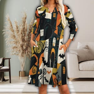 Halloween V-neck 3/4 Sleeve Midi Dress with Pockets Teacher Casual Relaxed Fit October Dress Cute Halloween Party Dress Spooky Fall Abstract