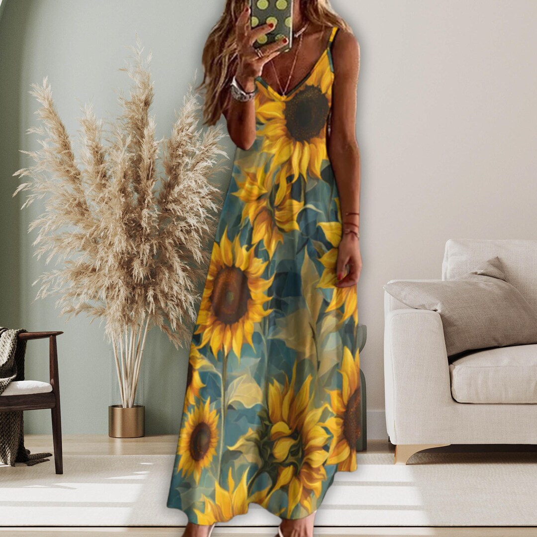 Glide | Sunflower Print Satin High-Neck Slip Maxi Dress