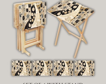 Modern Abstract Wooden TV Trays with Storage Rack (Set of 4), Housewarming Gift, Wedding Gift, Foldable Meal or Snack Trays with Holder