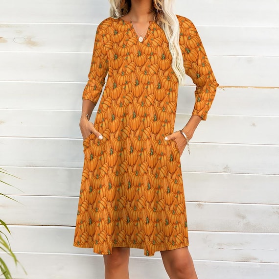 casual thanksgiving dress Fall Pumpkin V-neck 3/4 Sleeve Midi W/ Pockets Relaxed Fit Halloween Pullover Teacher Dress Knee Length Dress thanksgiving outfits 2024 Sailing Into Forever: Dawn Size:Large (Size 12-15) Women Dresses below The vestido-verde