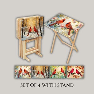 May include: A set of four wooden TV trays with a matching stand. Each tray features a different nature scene with red cardinal birds perched on branches. The text "SET OF 4 WITH STAND" is printed at the bottom.