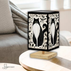 Cat Small Square Table Lamp, Folk Art Black and White Cat Accent Lamp w/ LED Smart Bulb & 16 Color  Remote Office-Desk-Bedside-Entryway Lamp