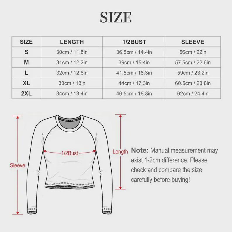 Puede incluir: Tabla de tallas para una camiseta de manga larga, con medidas en cm y pulgadas. La tabla incluye tallas S a 2XL, con medidas de largo, 1/2 busto y manga. Un diagrama de la camiseta ilustra los puntos de medici&oacute;n. Texto: "Puede haber una diferencia de 1-2cm."