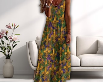 Fleur de Lis Maxi Dress, Mardi Gras V-Neck Ankle Length Sling Dress