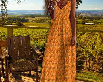 Fall Pumpkin Maxi Slip Dress, Autumn Ankle Length V-Neck Sling Dress, Thanksgiving- Halloween-Leaf Peeping Dress