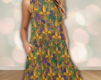 Fleur de Lis Sleeveless A-Line Dress with Pockets | Mardi Gras Cocktail Dress
