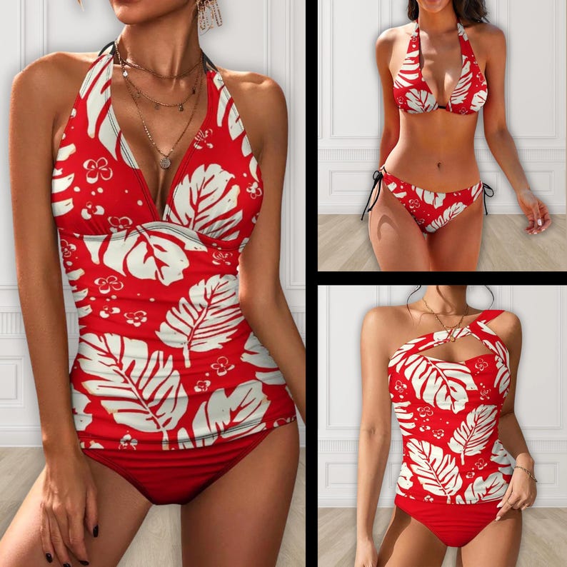 Puede incluir: Conjunto de trajes de ba&ntilde;o con estampado floral rojo y blanco. El conjunto incluye un tankini con cuello halter, un bikini de dos piezas y un tankini de un solo hombro. Los trajes de ba&ntilde;o presentan un fondo rojo vibrante con grandes patrones de hojas y flores blancas. Las partes inferiores son rojas lisas.