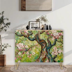 Cherry Blossoms Art Wooden Storage 2-Door Accent Cabinet, Modern Sideboard, Statement Furniture, Entryway Storage Credenza, Buffet