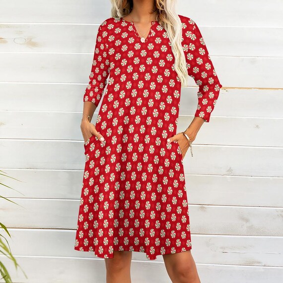 midi modest christmas dress in r Christmas Chic V-neck 3/4 Sleeve Midi Dress with Pockets, Red Christmas Candy Pattern Relaxed Fit Modest Knee Length Dress