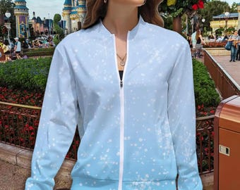 Ice Queen Inspired Women's Long Sleeve Zipper Jacket, Lightweight Character Costume Zip Up Bomber Style Jacket, Ombre Snowflake Jacket