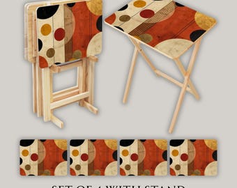 Modern Abstract Wooden TV Trays with Storage Rack (Set of 4), Housewarming Gift, Wedding Gift, Foldable Meal or Snack Trays with Holder