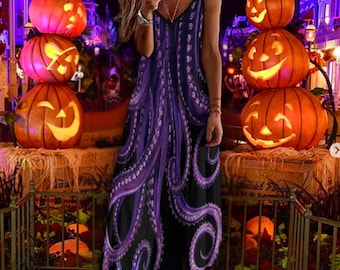 Abstract Octopus Women's Maxi Dress, Adult Villain Dress Up Character Costume, Sea Witch Inspired Dress
