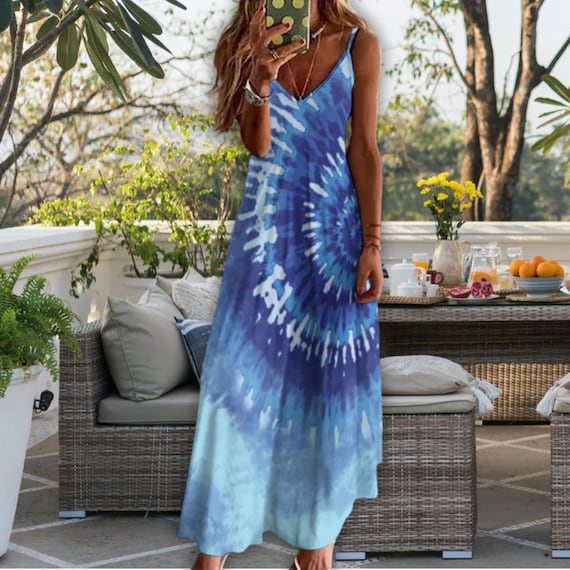 blue white tie dye maxi dress Print Boho Chic Ankle Length Retro Look Sling Dress Long Dress Women's Summer Fashion Casual Beachy Sundress Whether youre lounging by sale_sep_2024 Fantasy Couture (@avalonsaez) • Size:Small (UK 8-10)