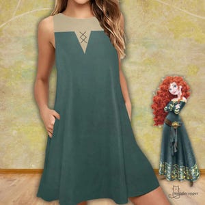 Merida Inspired Women&#39;s Sleeveless A-Line Dress with Pockets, Disney Theme Dress, Ladies Brave Scottish Princess Dress for Halloween-Cosplay